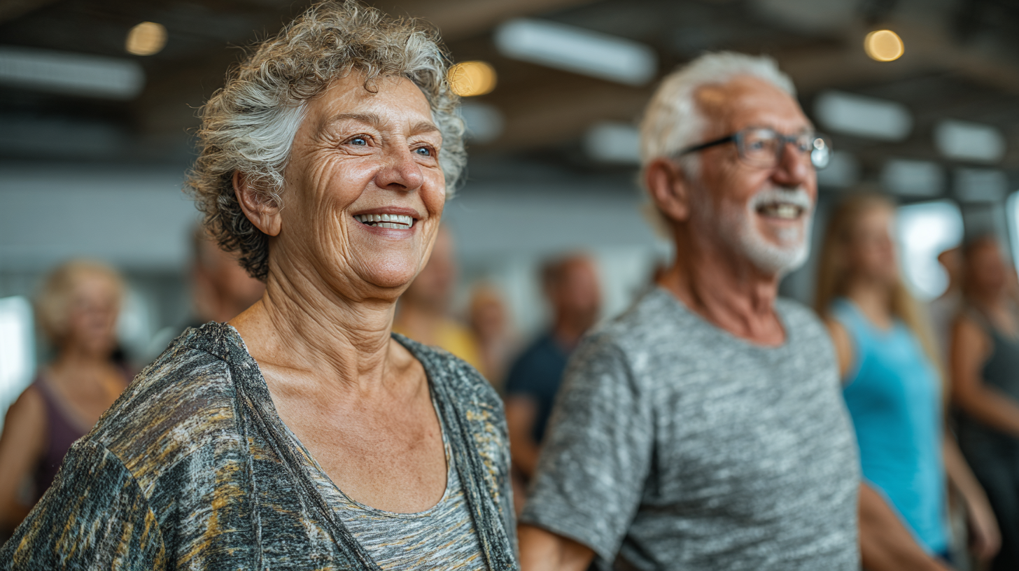 Група активних людей старшого віку займається фітнесом